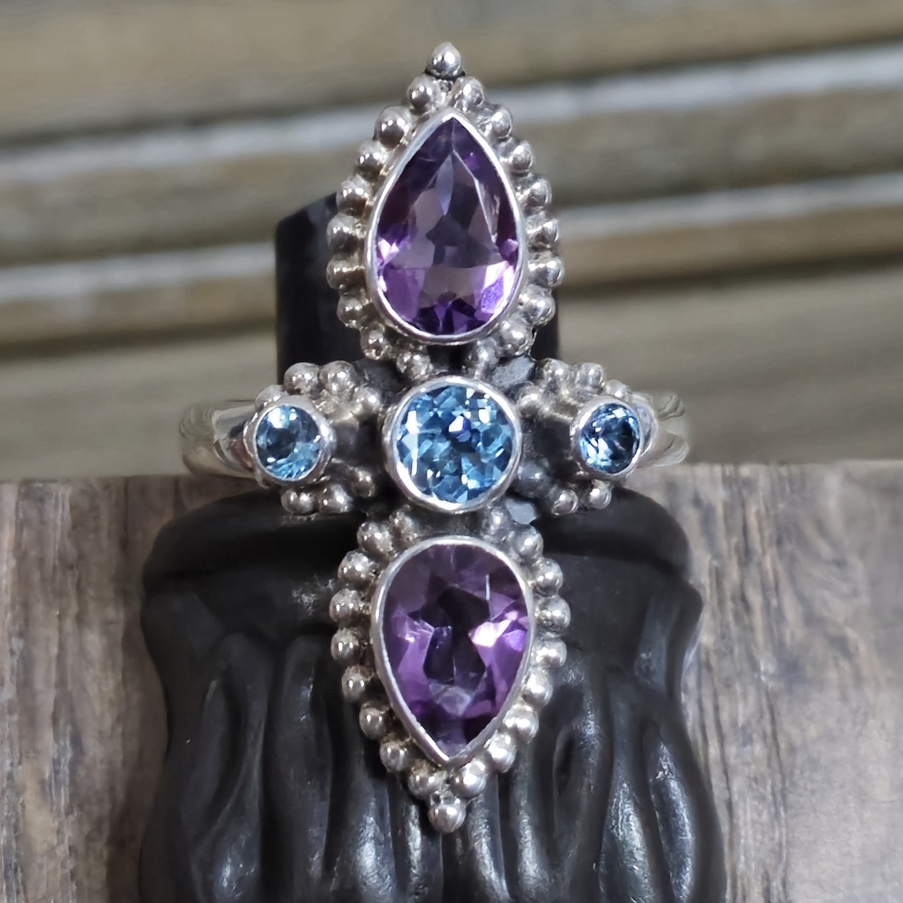 Nicky Butler 925 Sterling Silver Ring NB Designer Amethyst & Blue Topaz Size 7